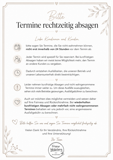 Hinweis zur Terminabsage bei Friseur Winterberg Inh. Elke Kolz