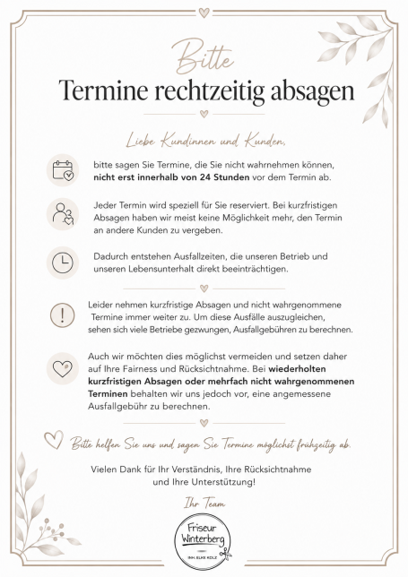 Hinweis zur Terminabsage bei Friseur Winterberg Inh. Elke Kolz