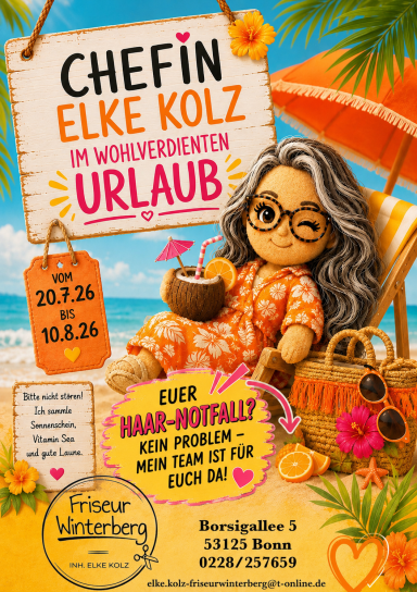 Urlaubshinweis: Elke Kolz ist vom 20.07. bis 10.08.2026 im Urlaub.