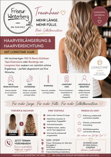 Haarverlängerung und Haarverdichtung mit Longtime Hair bei Friseur Winterberg Inh. Elke Kolz in Bonn-Brüser Berg.