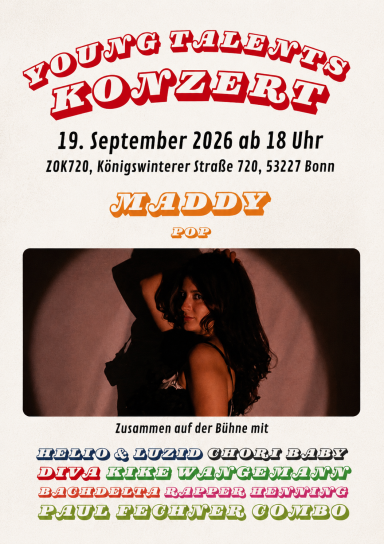 Konzertankündigung: Maddy tritt am 19. September 2026 beim Young Talents Konzert in Bonn auf.