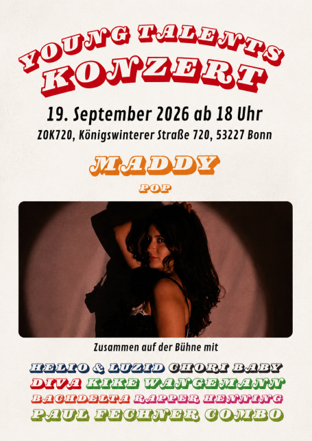 Konzertankündigung: Maddy tritt am 19. September 2026 beim Young Talents Konzert in Bonn auf.